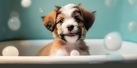 Baby cute puppy dog in bathtub with shampoo foam , Happy dog ââtakes a bath , Generate Aiの素材
