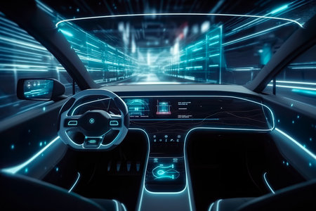 Modern smart car technology intelligent system using Heads up display (HUD) Autonomous self driving mode vehicle on city road with graphic sensor radar signal system intelligent car , generate Aiの素材
