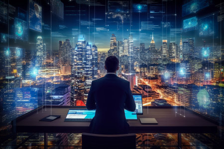 Businessman using computers connection technology and digital marketing data , Modern life of business , City life and internet , Generative Aiの素材