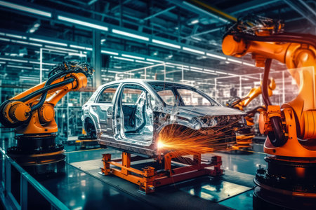 Car Factory Automotive production line , Automated Robot Arm Assembly Line , Electric Vehicles , Generative Aiの素材