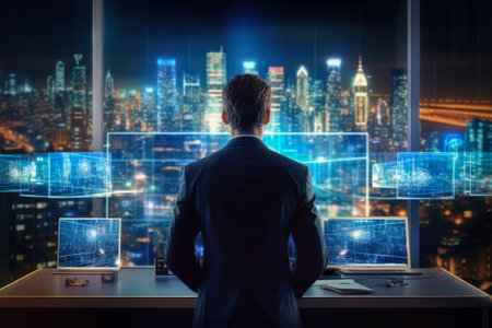 Businessman using computers connection technology and digital marketing data , Modern life of business , City life and internet , Generative Aiの素材