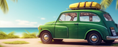 Summer travel , Green car with luggage for summer holidays , Beach sea view , Vacation , Generative Aiの素材