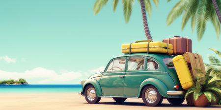 Summer travel , Green car with luggage for summer holidays , Beach sea view , Vacation , Generative Aiの素材