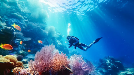 Scuba diver woman swimming in the under water sea , Generative Ai Technologyの素材