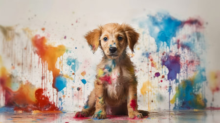Puppy dog playing in colorful water color , dirty with color splash , Generative Ai Technologyの素材