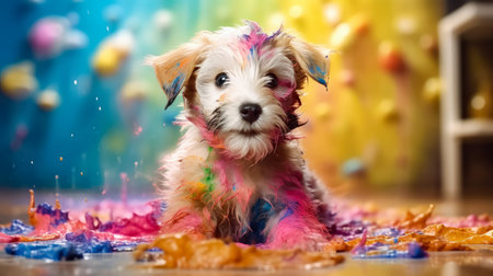 Puppy dog playing in colorful water color , dirty with color splash , Generative Ai Technologyの素材