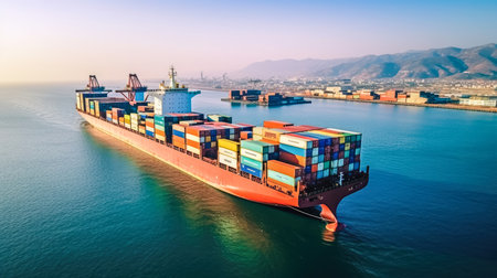 Industrial port with Logistics and transportation of International Container Cargo ship , commercial dock, harbor, cargo container , shipping , Generative Ai Technologyの素材