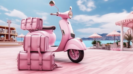 Summer travel , Pink motorbike with luggage for summer holidays , Beach sea view , Vacation , Generative Aiの素材