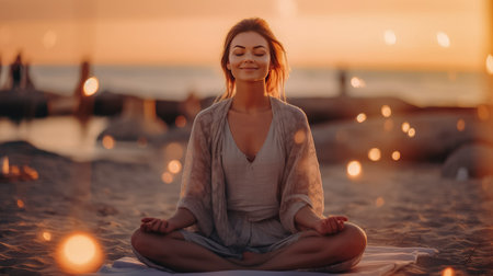 Young beautiful woman meditating on the sea beach , Young Female yoga in the beach , Generative Ai Technologyの素材