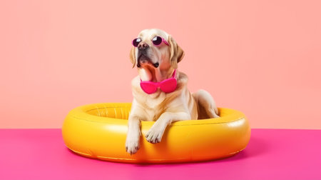 Portrait happy dog in an inflatable floating ring isolated on color background , Generative Ai Technologyの素材