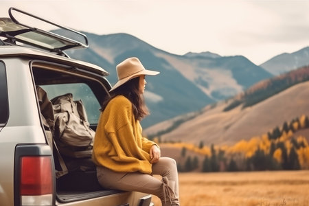 View of young woman traveler sitting on hatchback car , Happy woman traveler looking at mountain background , Created with Generate Ai Technologyの素材