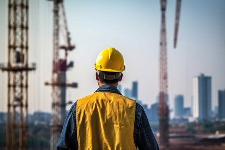 Engineer workers wearing full PPE standing looking at construction site , Rear view of architect on site project with building construction , Created with Generative Ai Technologyの素材