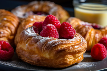 Freshly baked croissants with mix berry and cherry , Delicious breakfast raspberry croissant , Created with Generative Ai Technologyの素材