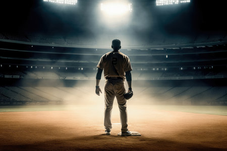 Professional baseball player standing ready at baseball arena stadium , Created with Generative Ai Technologyの素材