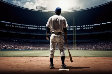 Professional baseball player standing ready at baseball arena stadium , Created with Generative Ai Technologyの素材