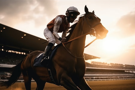 Silhouette of jockey and his horse , Horse races at stadium , Created with Generative Ai Technologyの素材