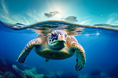 Sea turtle swimming in the under sea , Beautiful Underwater in wild nature of the Pacific Ocean , World Oceans Day Save Environment , Created with Generative Ai Technologyの素材