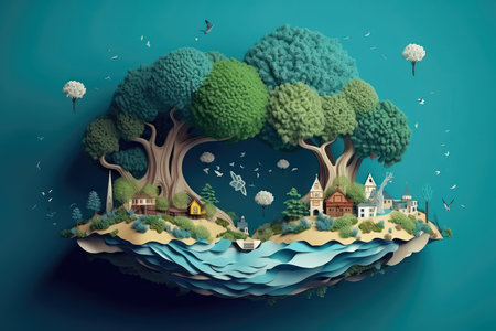 Paper art and digital craft style , World Green ecology City and Environmental friendly , Landscape with eco urban city , Earth day and world , Generative Ai Technologyの素材