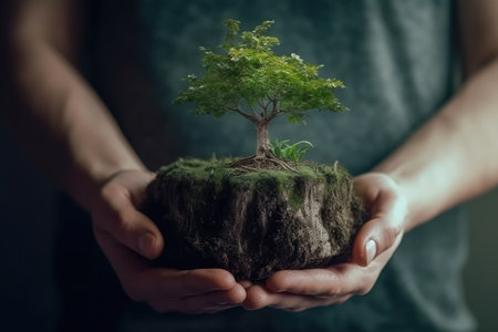 Business investment growth and interest concept , Hand holding small plant growing in glass , Created with Generative Ai Technologyの素材