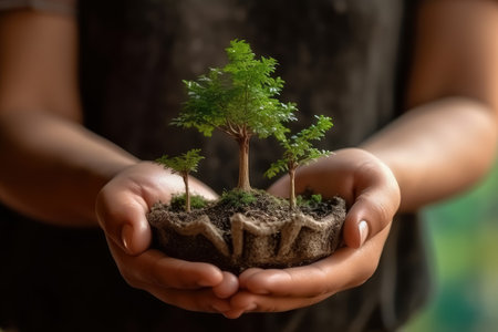 Business investment growth and interest concept , Hand holding small plant growing in glass , Created with Generative Ai Technologyの素材