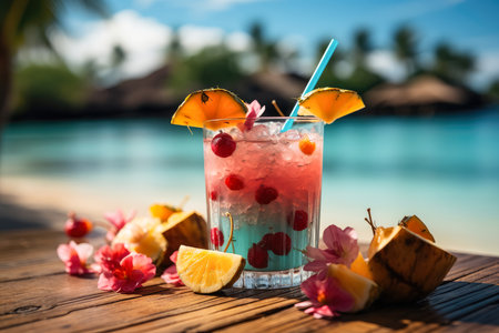 Fresh cocktail drink and fruit on table on beach , Summer colorful  cocktail on a wooden table at sandy beach in summer , Created with generative AIの素材