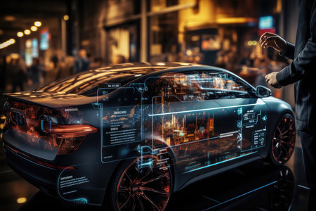 Modern smart car technology intelligent system using Heads up display (HUD) Autonomous self driving mode vehicle on city road with graphic sensor radar signal system intelligent car , generate Aiの素材