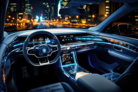 Modern smart car technology intelligent system using Heads up display (HUD) Autonomous self driving mode vehicle on city road with graphic sensor radar signal system intelligent car , generate Aiの素材