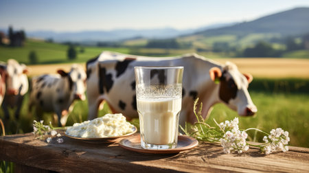 Fresh milk in glass on wooden table , Landscape with cows and green grass on the background , Created with Generative Ai Technologyの素材