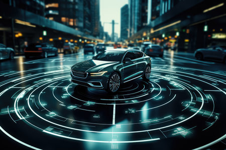 Modern smart car with the internet surrounding technology intelligent system , on city road with graphic sensor radar signal system intelligent car , Created with Generative Ai Technologyの素材