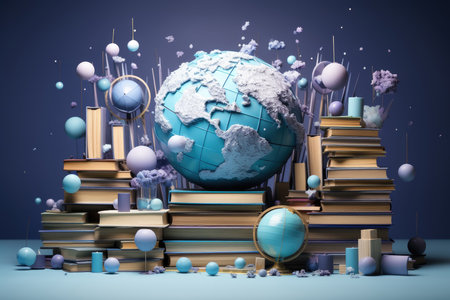 Books with Globe floating around it like planets and galaxies , Science, education, Created with generative AIの素材