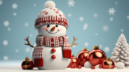 Merry christmas and happy new year , Snowman standing in winter christmas landscape with copy-space , Created with Generative Ai Technologyの素材