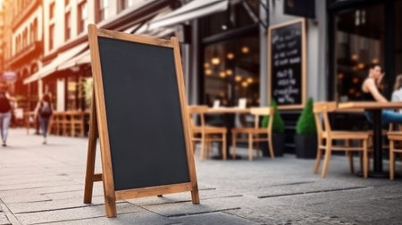 Empty blackboard sign mockup in front of a restaurant , Menu board with a street cafe or restaurant , Generative Ai Technologyの素材