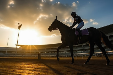 Silhouette of jockey and his horse , Horse races at stadium , Created with Generative Ai Technologyの素材