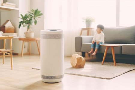 Air purifier in white workplace room with filter for cleaner removing . Created with Generative Ai Technologyの素材
