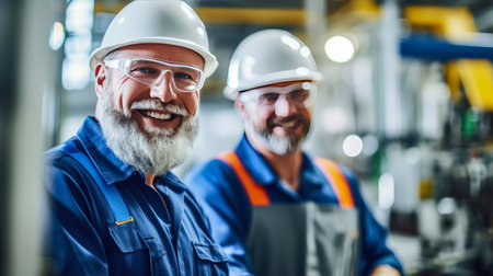 Engineer industrial product designer discuss work while in office , Happy engineer discussing with colleague in industry , Generative Ai Technologyの素材