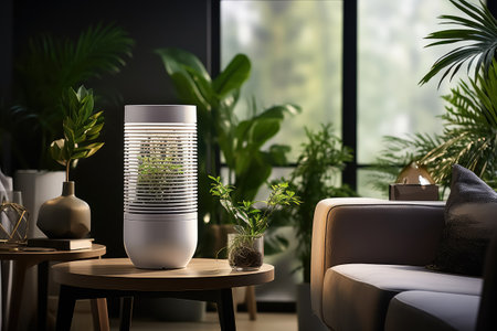Air purifier in white workplace room with filter for cleaner removing . Created with Generative Ai Technologyの素材