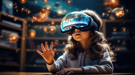 Education Enhancing learning concept , School children in science class learning by VR glasses digital , Educational 3D virtual reality experienceの素材
