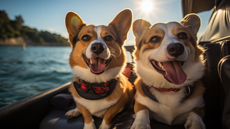 Corgi dog having fun and happy on a boat of the sea backgroundの素材