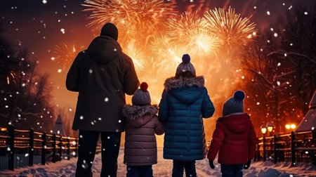Happy family and daughters children are watching fireworks in New Year holiday or Christmas Dayの素材