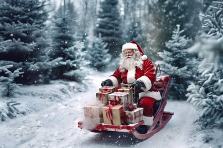 Santa Claus on sledge with a bag full with Christmas gifts , Christmas Holiday and Happy New yearの素材
