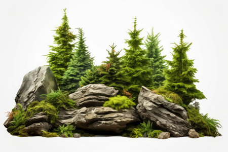 Isolated of rock surrounded by fir trees on white backgroundの素材