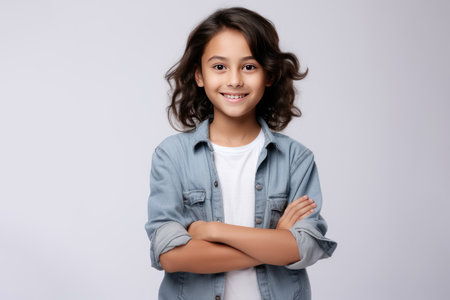Happy young boy with arms crossed isolated on white backgroundの素材