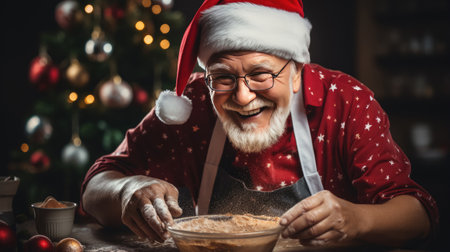 Grandfather cooking Christmas dinner in kitchen at home , Christmas Holiday and Happy New Yearの素材
