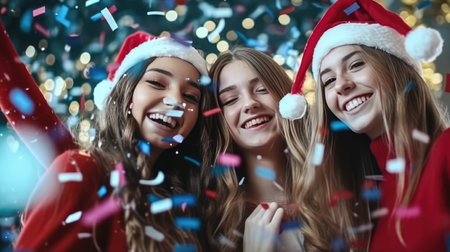 Group of Happy friends teenagers wearing Santa Claus costumes holding a glass of champion new year partyの素材