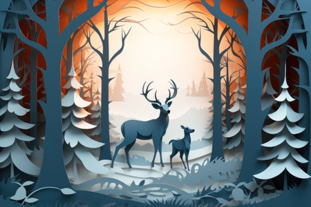 Paper cut style , Male Reindeer with christmas tree and snow winter season and christmasの素材