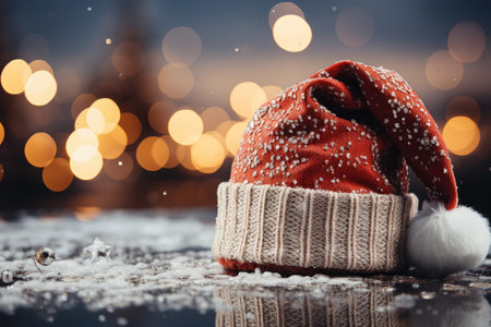 Christmas Holiday Background and New Year banner background with Red Santa hat and decorations , copy spaceの素材
