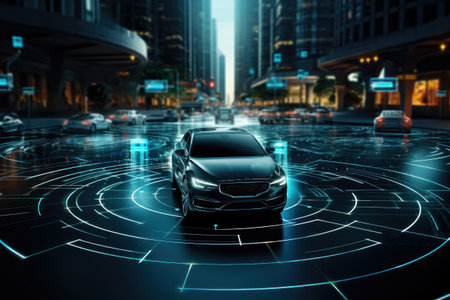 Modern smart car with the internet surrounding technology intelligent system , on city road with graphic sensor radar signal system intelligent carの素材