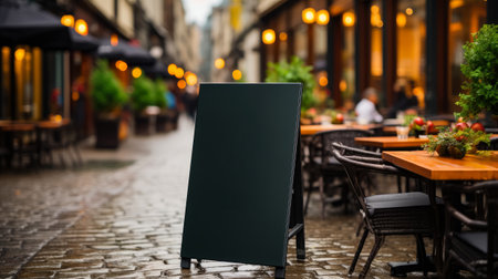 Empty blackboard sign mockup in front of a restaurant , Menu board with a street cafe or restaurantの素材
