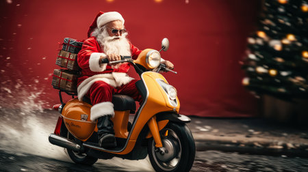 Santa Claus riding scooter with gift box isolated backgroundの素材