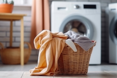 Laundry basket on a rack beside of a washing machine in laundry roomの素材